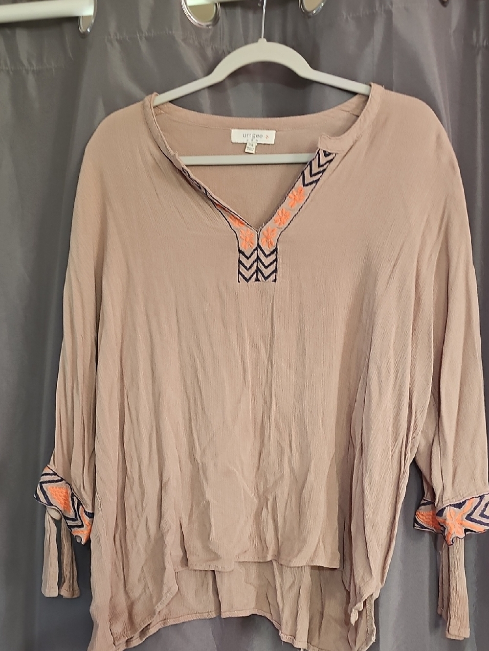 Umgee Beige  Embroidered V-Neck With Bkue And Orange Embrordery